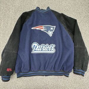 Vtg NE‎ Patriots Leather Wool Acrylic Blue Black Men XL Varsity Jacket Logo NFL